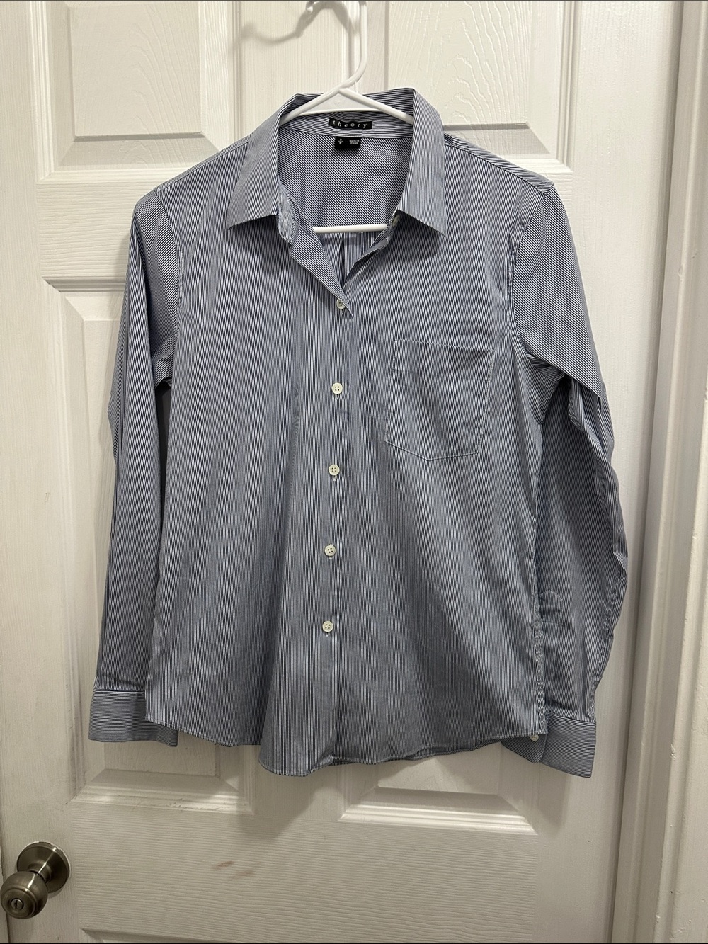 Theory Blue and White Striped Shirt - Classic Pocket Button-Up